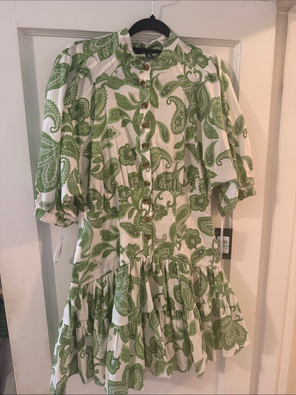 Bcbg Green And White Paisley Fitted Waist Puff Sleeve Shirt Dress Nwt